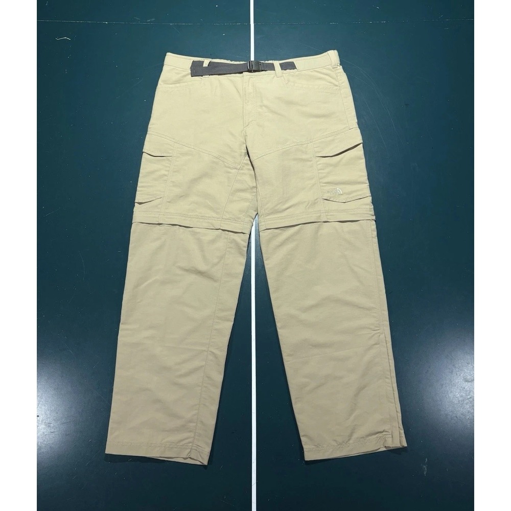 The North Face Convertible Hiking Pants Mens XL Tan Nylon Belted Zip Off Outdoor